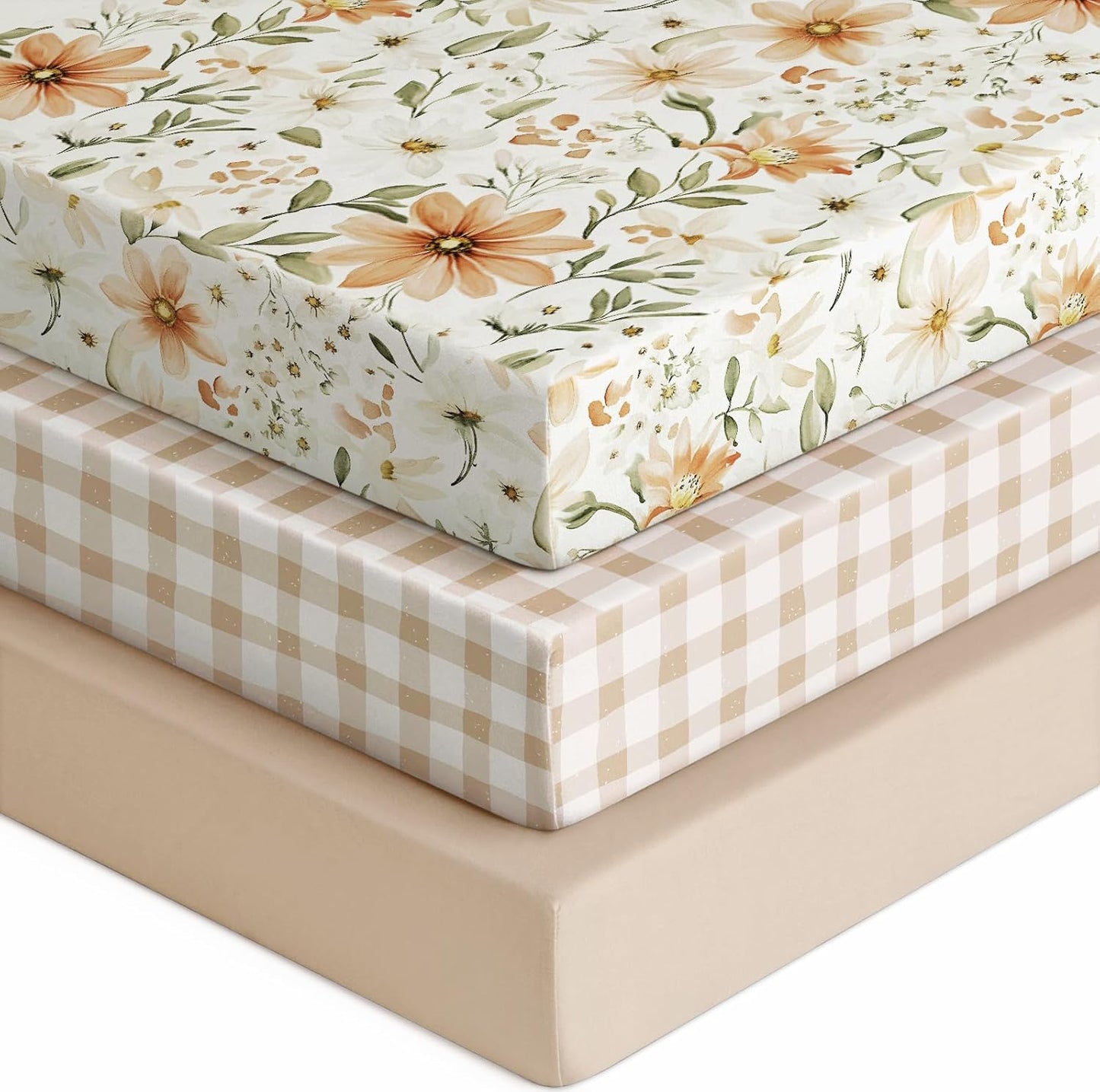 Baby Crib Sheets for Boys Girls, 28x52x8in Fitted Crib Sheet Neutral 3 Pack for Standard Crib and Toddler Mattress, Breathable Soft Microfiber Baby Sheet Orange Flowers & Plaid