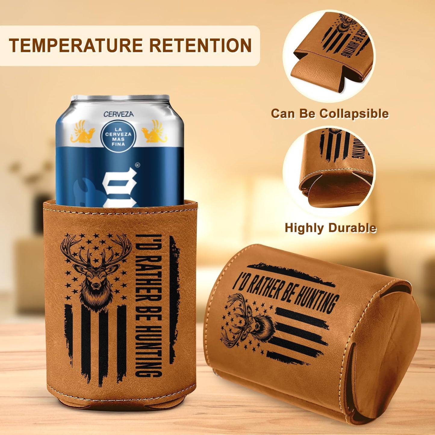 Hunting Gifts for Men – Leather Beer Can Cooler – Christmas, Birthday Gift for Hunters – Hunting Present for Dad, Husband, or Friend – Durable Collapsible Leather Can Holder