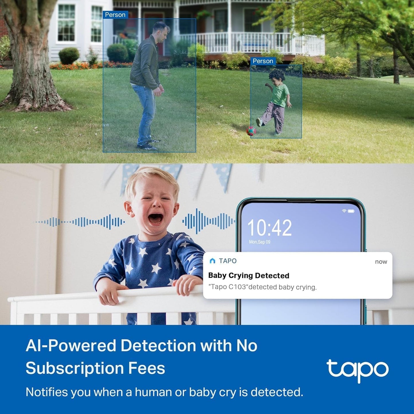 Tapo 1080p Pan/Tilt Indoor/Outdoor Security Camera – Free Person/Baby Cry Detect & Motion Track, 360° View, Color Night Vision, SD/Cloud Storage, Works w/Alexa & Google Home HybridCam 360