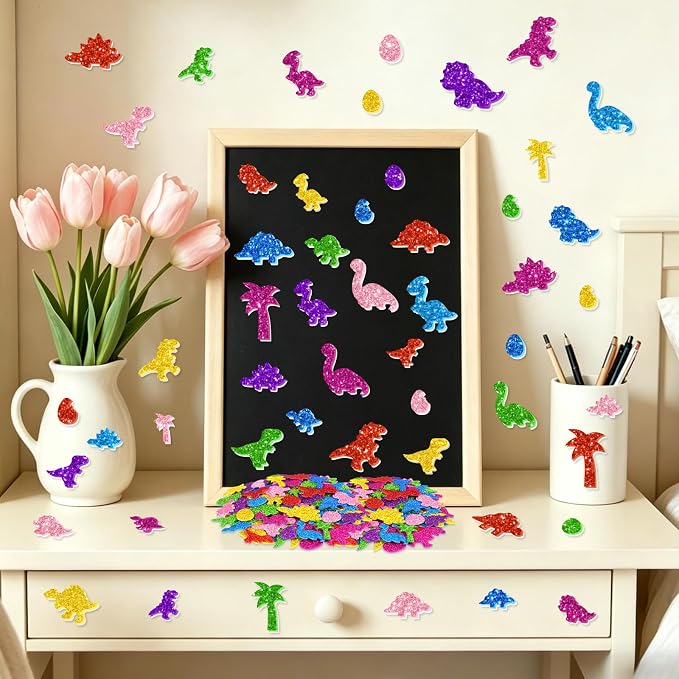 664PCS Glitter Foam Stickers, Colorful Dinosaur Stickers, Self-Adhesive Foam