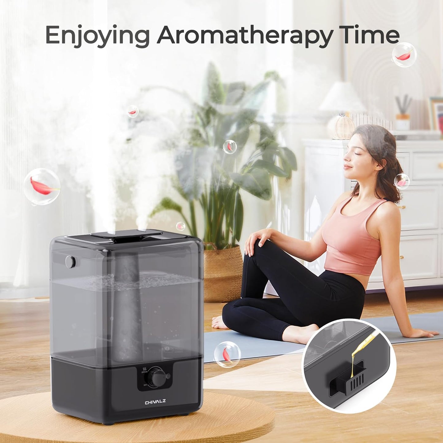 CHIVALZ Humidifiers for Bedroom, 6L Cool Mist Humidifiers for Baby Nursery, 26dB Quiet, 50H Runtime, Top Fill Humidifier for Large Room, Home, Plants, Nightlight, Oil Diffuser 1 Pack Black