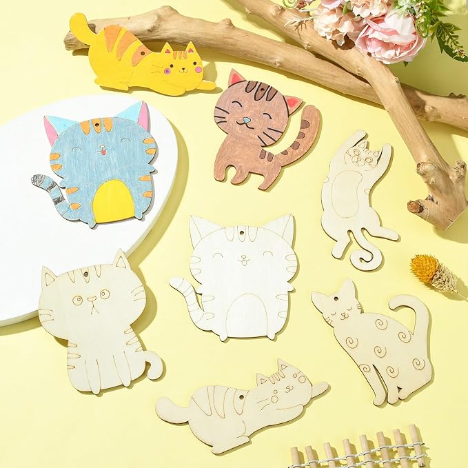 40 pcs Mixed Styles Lovely Cat Theme Unfinished Wood Cutout Charms Kitten Pet