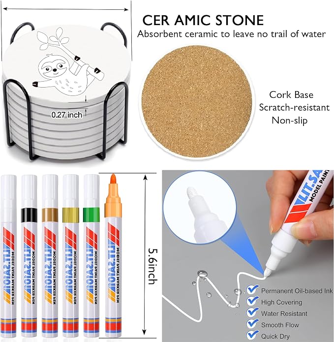 6 Absorbent Ceramic Tiles with Cork Base, Paint Your Own Sloth Coaster | Arts
