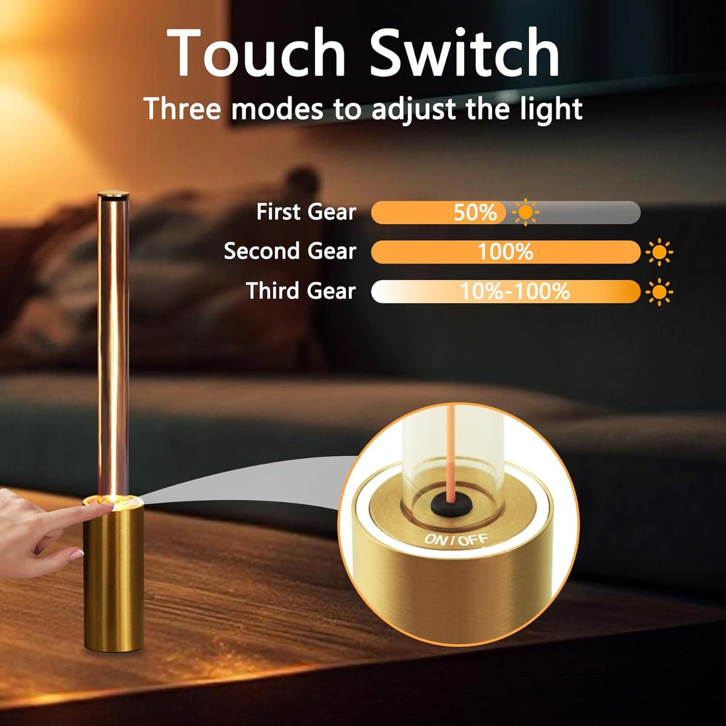 Cordless Table Lamp Set of 2, 3 Way Dimmable Touch Rechargeable LED Desk Lamp for Nightstand with 4000mAh Battery Operated, Night Light for Restaurant Home Dinner Dining Kitchen (Gold)