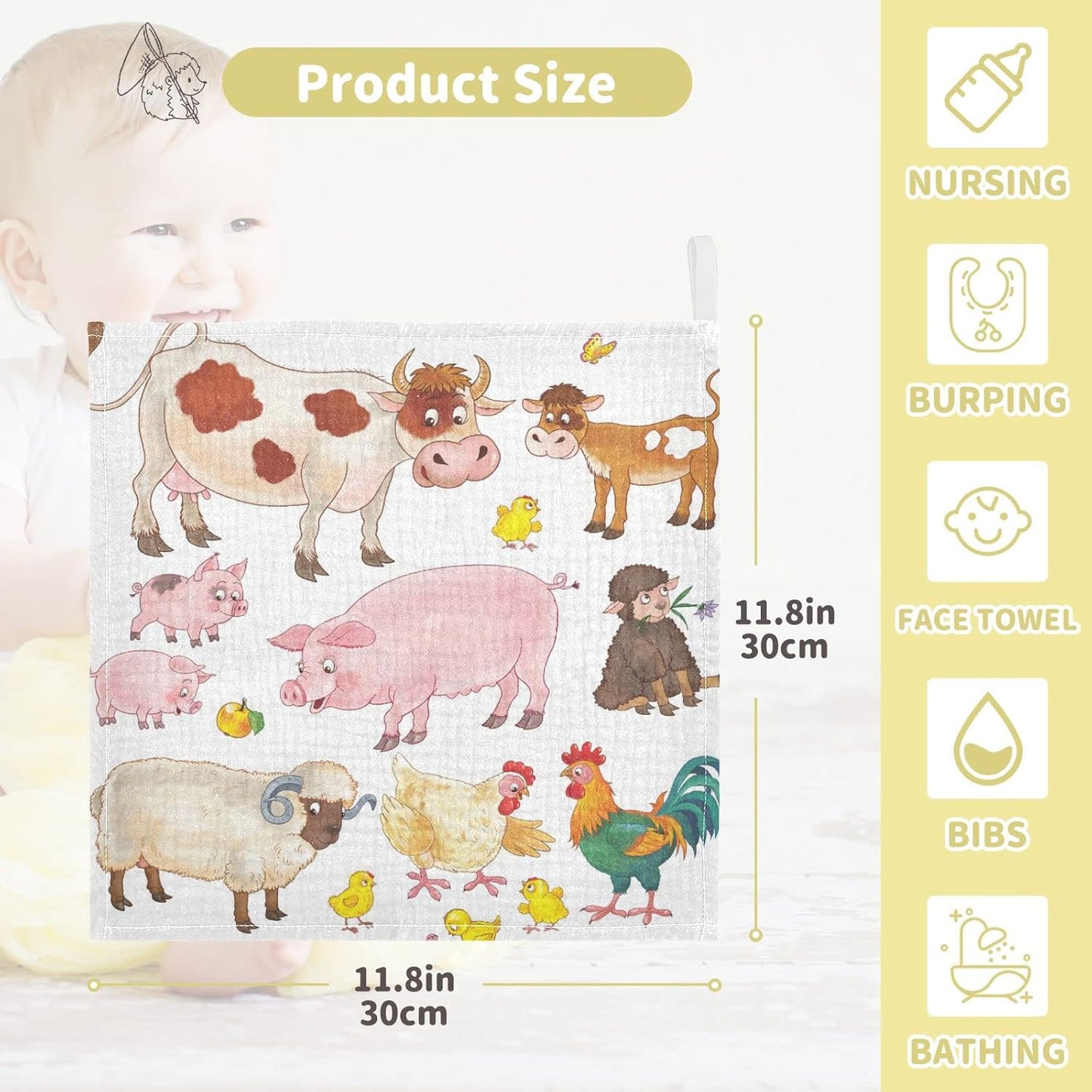 Cow Pig Sheep Chick Burp Cloths for Boys Girls, 3 Pack Farmhouse Animals Muslin Washcloths, Newborn Face Bath Towel, Soft Absorbent Cotton Wash Cloth, Baby Registry, 12 x 12 Inch