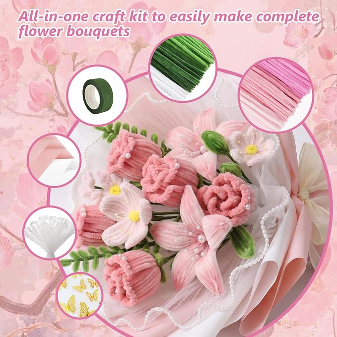 Cwczhi 600 PCS Pipe Cleaners Craft, 9 Assorted Colors Pink Pipe Cleaner Flower