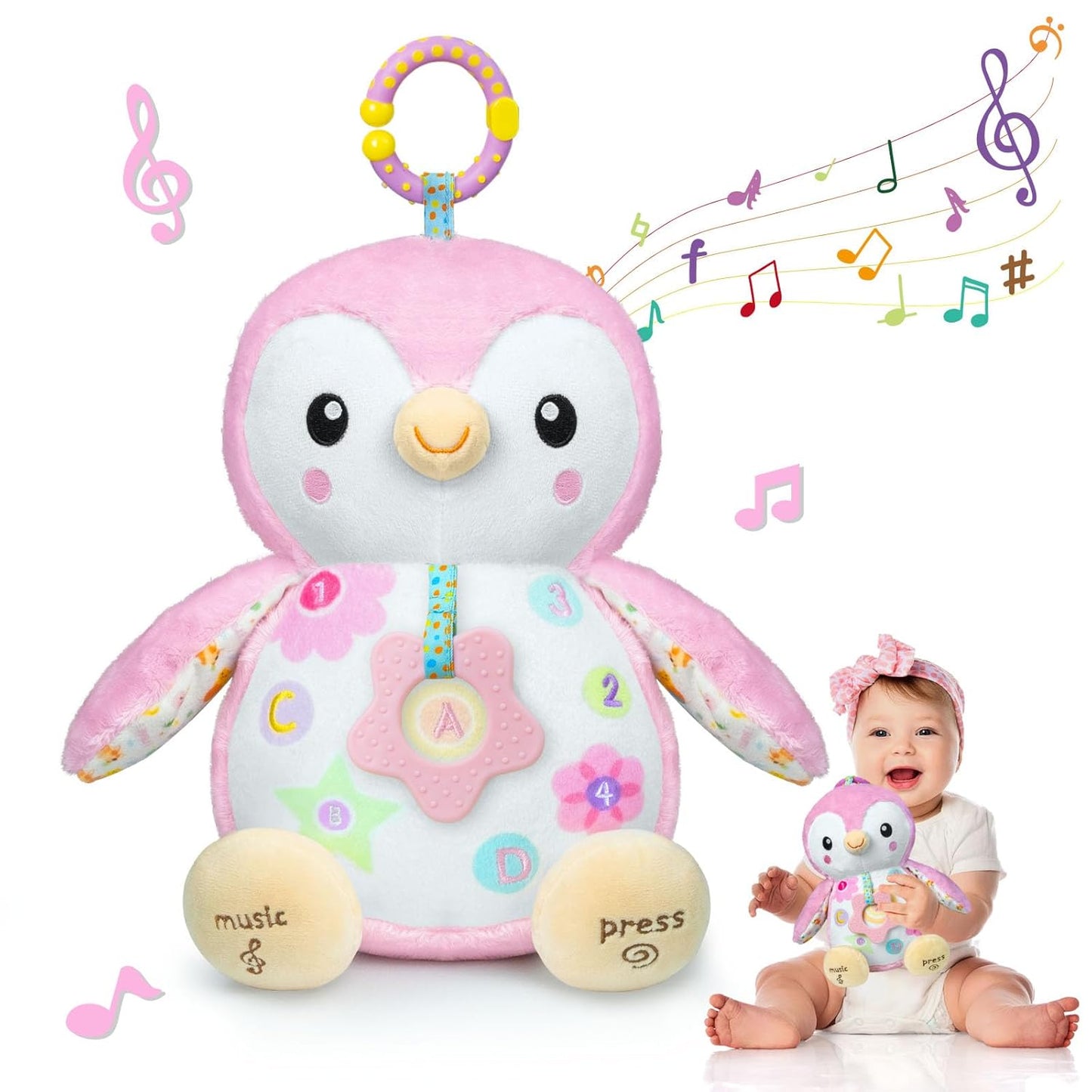 Baby Toys 0-6 Months,Musical Plush Stuffed Animal with Rattles & Crinkle Paper,Hanging Ring for Sensory Play,Tummy Time Toys for 0-12 Months Girls, Baby Girl Gift (Pink)