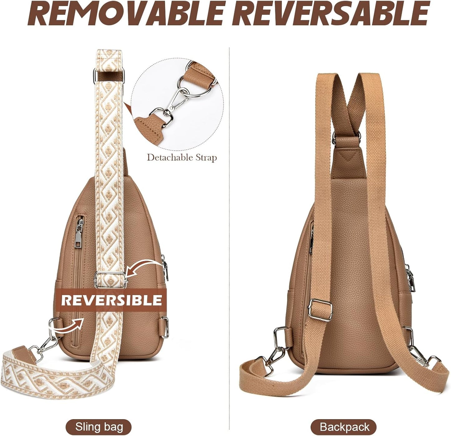 Sling Bag Crossbody Backpack - 2 in 1 Leather Cross Body Bag Fanny Pack with 2 Removable Straps