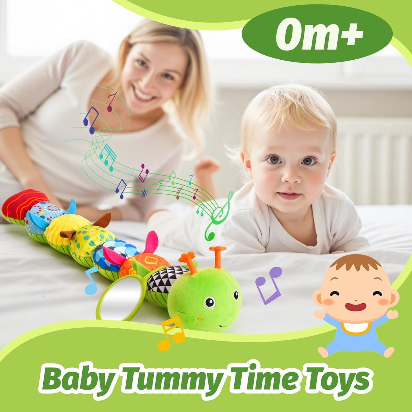 Baby Toys 0-6 Month, Musical Caterpillar Baby Rattle, Plush Sensory Toy with Mirror, Crinkle Textures, Newborn Developmental Tummy Time Stuffed Animal for Infants Boys Girls 6-12 Months (Green)