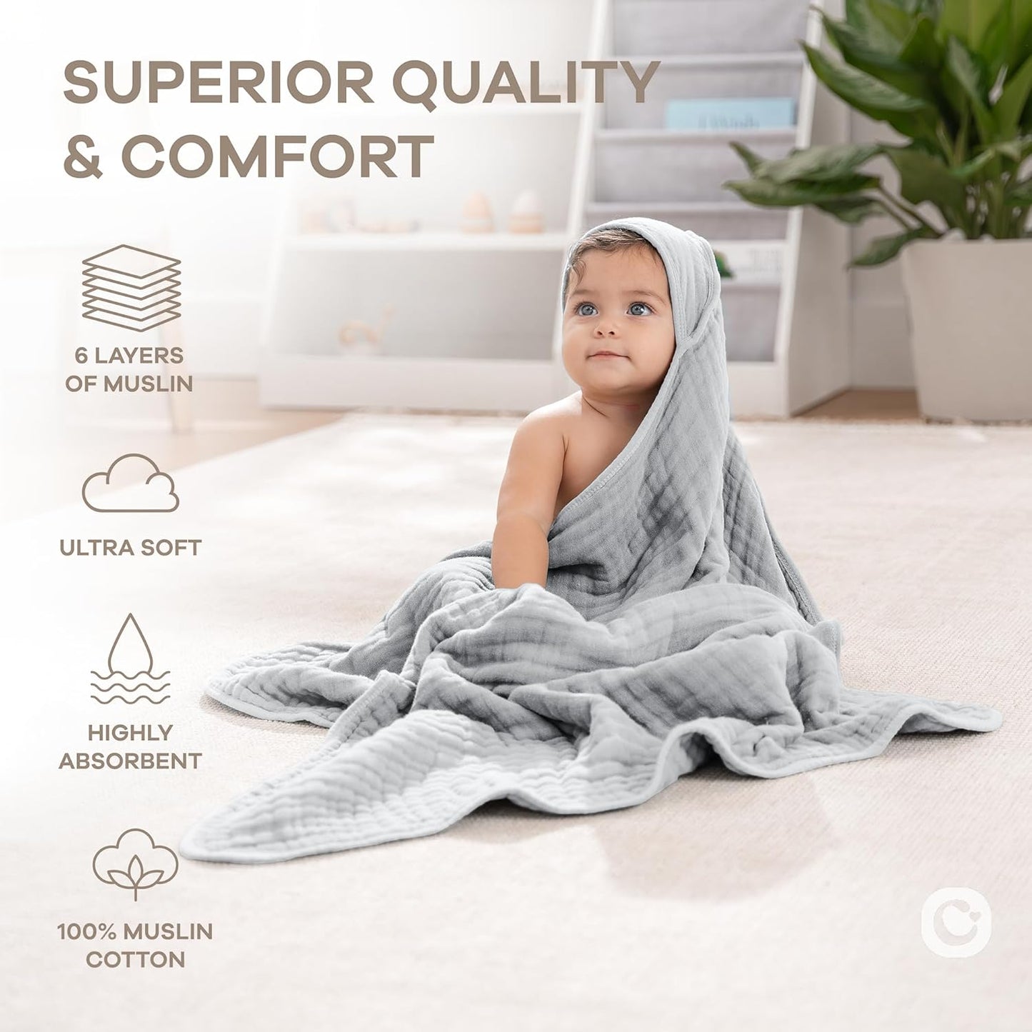 Comfy Cubs Hooded Baby Towel 2-Pack, Large 32 x 32 Inch - 6 Layer 100% Muslin Cotton for Babies, Toddlers and Kids - Soft & Absorbent Baby Bath Towels - Unisex Design for Bath Time - Heather Blue