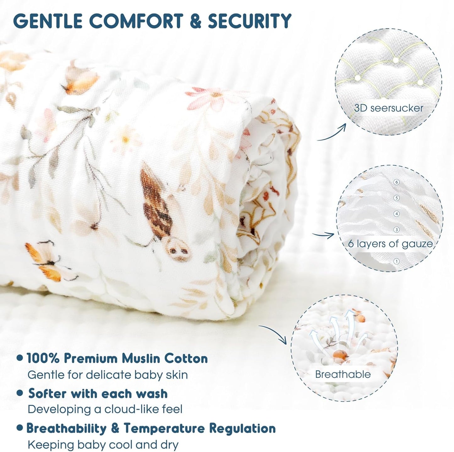 GRSSDER Ultra Soft Absorbent Muslin Cotton Baby Hooded Towel 2 Pack with Original Patterns, Extra Large Size 35"x 35" Swaddle Wrap for Newborn Infant and Toddler