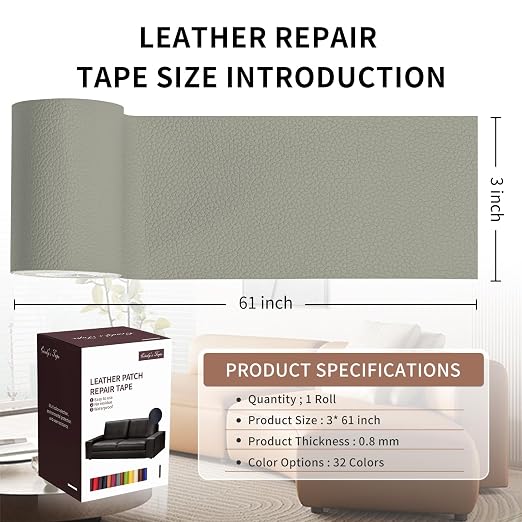 Leather Repair Patch Tape, Light Grey 3 x 61 Inches Self Adhesive Leather