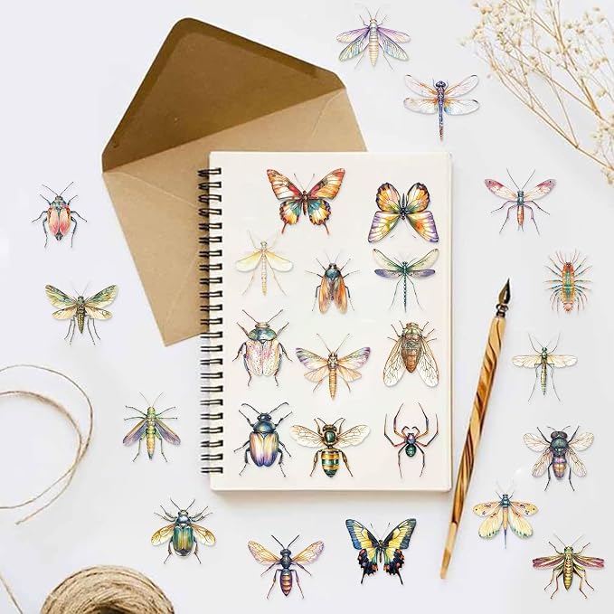 50PCS Transparent Watercolor Insect Stickers, Waterproof PET Decals, Colorful