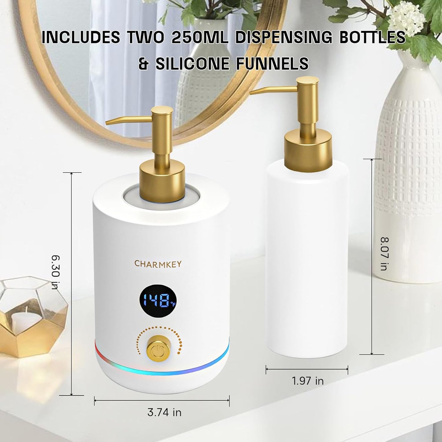 CHARMKEY Massage Oil Warmer White, 2 Oil Bottle Dispensers & 2 Silicone Funnels, Digital Heater for SPA, Oil Lotion Cream for Salon, Barber Shops, Home