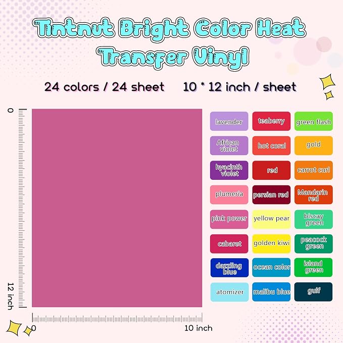 Tintnut Bright Color Heat Transfer Vinyl, 24 Sheets 12×10in Iron on Vinyl |
