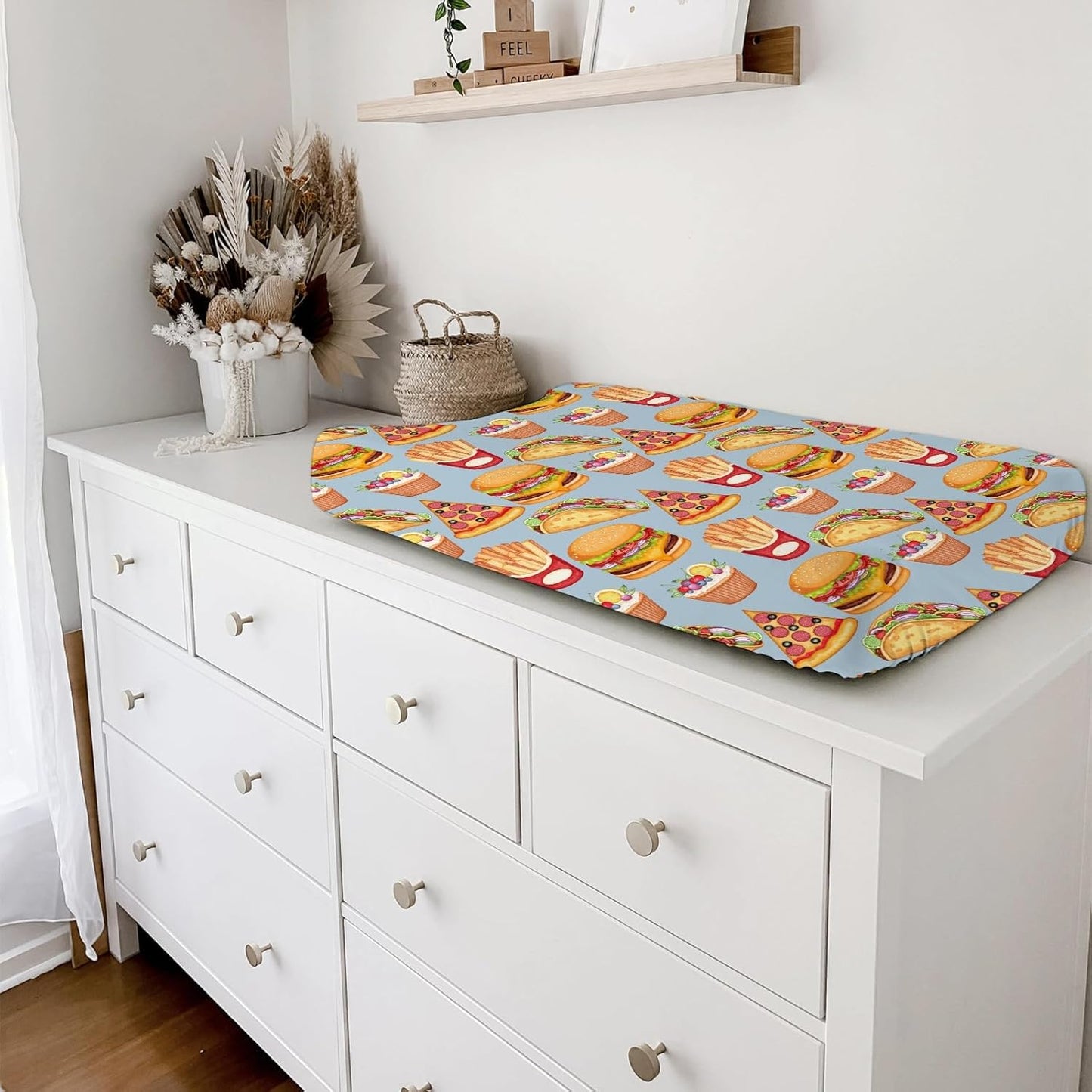 Cute Burger French Fries Cupcake Pizza Baby Changing Table Pad Covers for Baby Boys or Girls 32''x16'' Unisex Fitted Diaper Changing Table Cover Comfort Soft Breathable Nursery Changing Table Mats
