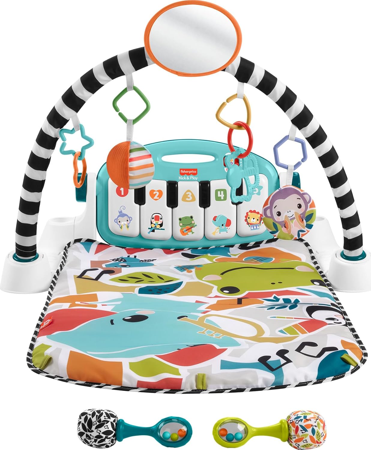 Fisher-Price Baby Musical Toy Set Glow and Grow Kick & Play Piano Gym Blue Playmat with 2 Rattle Maracas for Newborns Ages 0+ Months