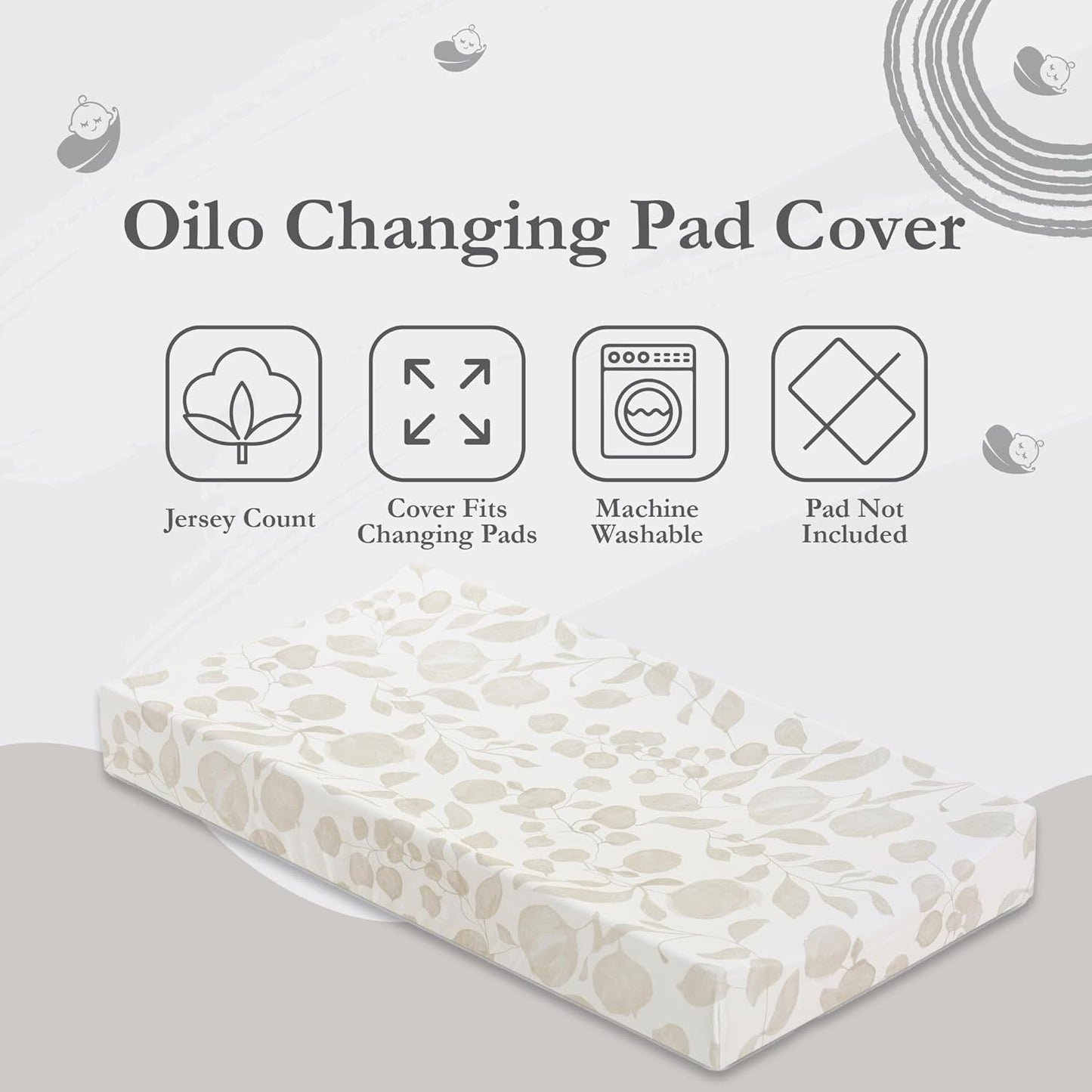 Oilo Changing Pad Cover, Breathable 100% Turkish Cotton Fitted Jersey, 300 Thread Count, Machine Washable, Fits Standard Changing Pads (32" x 16"), Girl, Boy, & Neutral Nursery Design, Beige Leaf