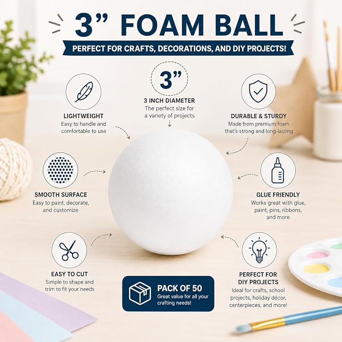 Evershine 50 Pack 3 Inch Craft Foam Ball