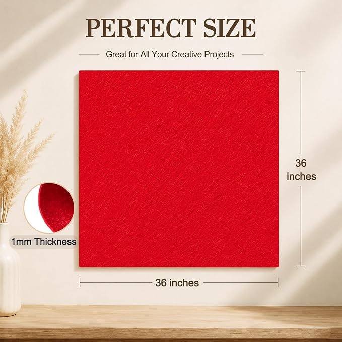 Red Large Felt Fabric 36" x 36", 1mm Stiff Felt Sheet, Nonwoven Fabric