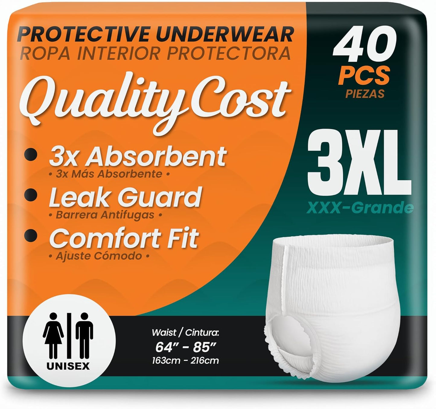 QualityCost Adult Incontinence Underwear Pull-Up, 40Pack, Heavy Duty Briefs for Men and Women, Maximum Absorbency, Leak Proof, Disposable Pull-Ups for Overnight Protection, Size 3XL (64-85 inch Waist)