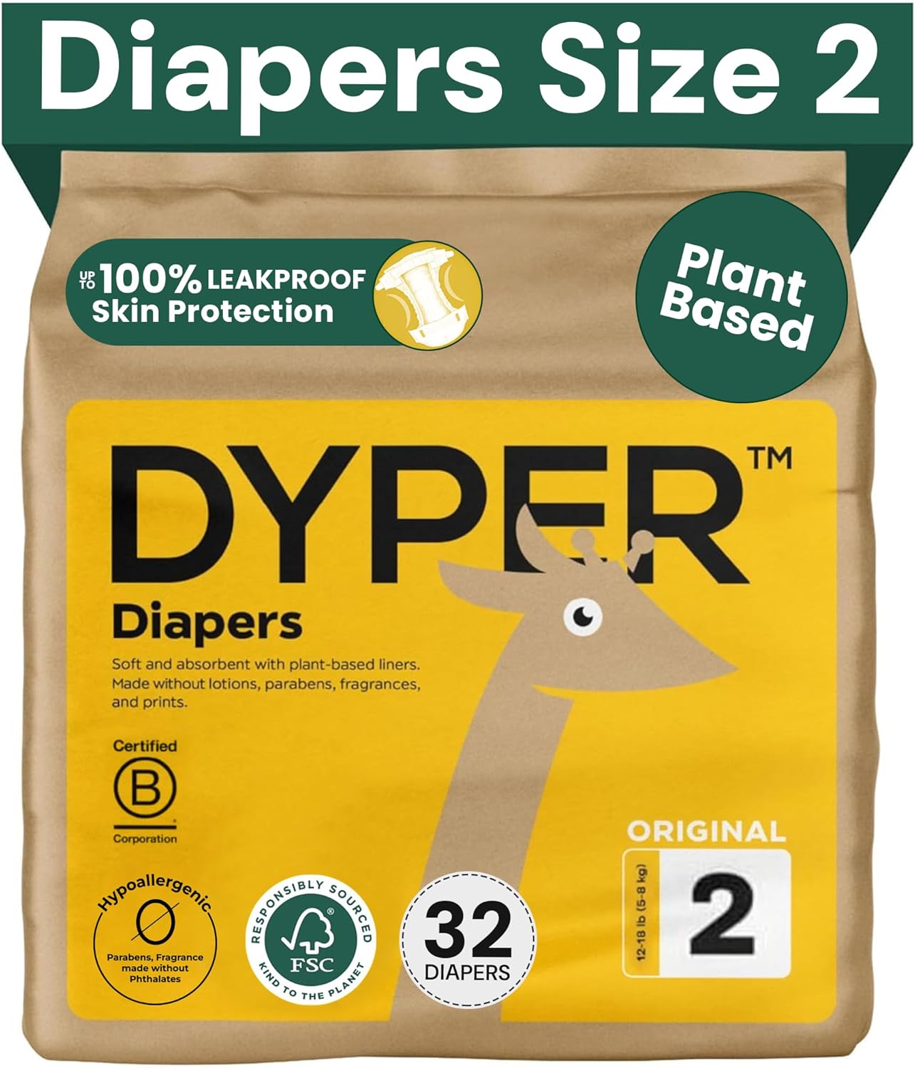 DYPER - Baby Diapers Size 2 (32 Count) - Plant Based Disposable Diapers for Day and Overnight Premium Leak Protection, Skin-Friendly Comfort with Soft Size 2 Diapers (12-18 lbs)