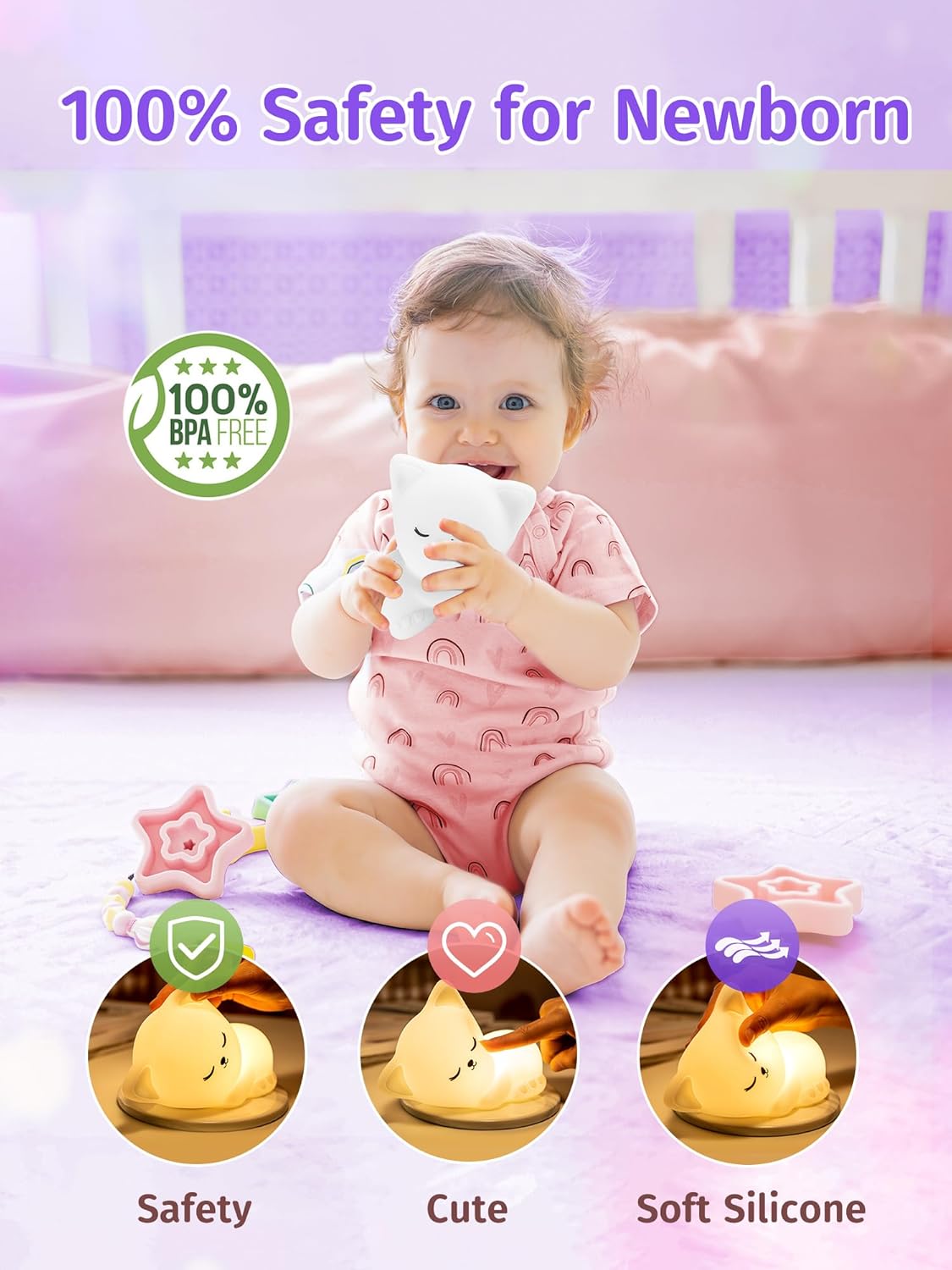 Mubarek Night Light for Kids, 16 Colors Dimmable Night Light lamp, Remote Silicone NightLight for Baby Nursery, Rechargeable Cute Lamp Cat Lamp,Timer Toddler Nightlight for Kids Room