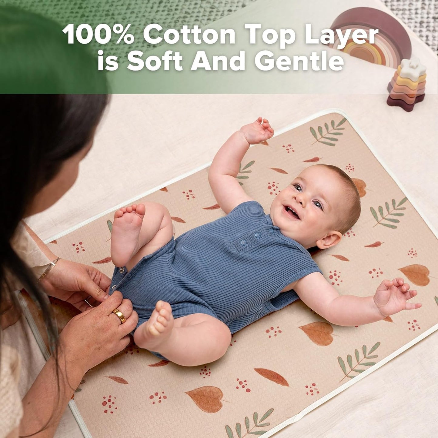 haakaa Waterproof Changing Pad Liners, 100% Cotton, Soft & Breathable (1pc, 19.5" x 27.5" Love Leaves)