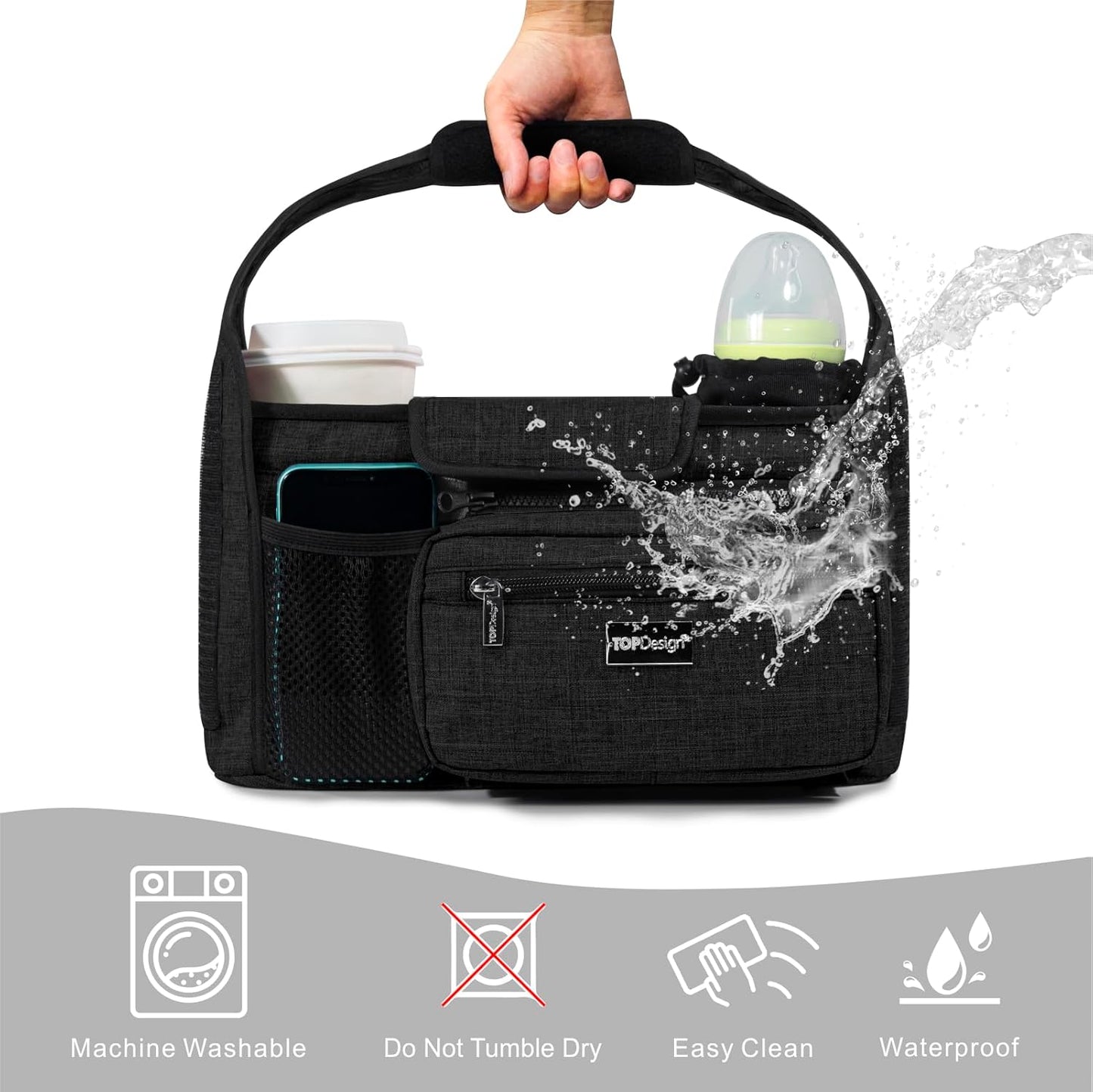 TOPDesign Universal Baby Stroller Organizer, Stroller Caddy with Detachable Mesh Bag & Heightened Insulated Cup Holders & Non-Slip Secure Hooks Accessories, Fits Most Strollers (Donuts)