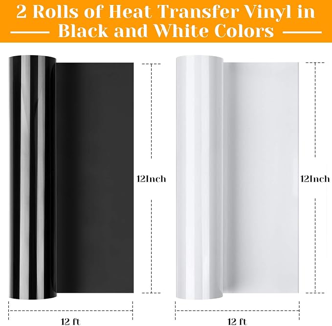 12" x 24ft Heat Transfer Vinyl Rolls, Flasoo 2 Rolls Black and White HTV Iron