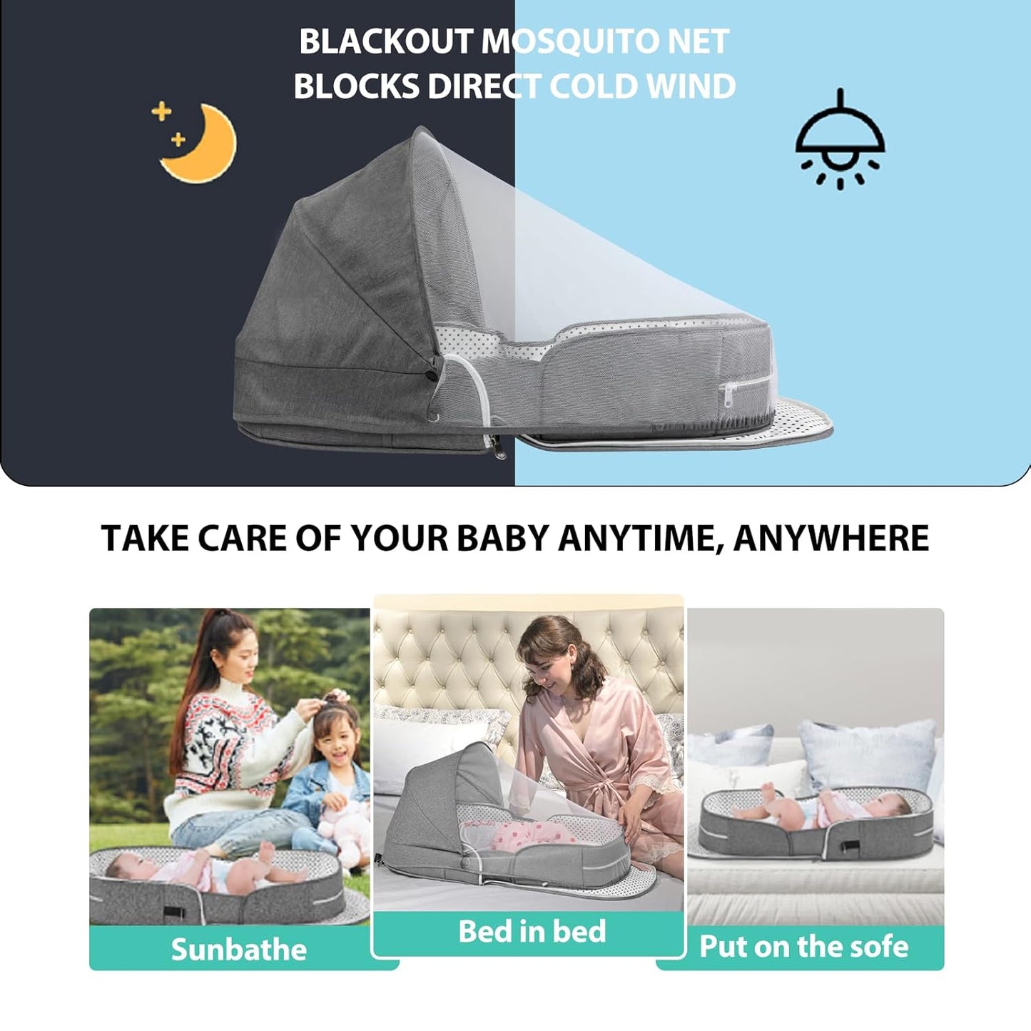 Portable Bassinet for Baby Travel Lounger Foldable Baby Co-Sleeping Bed with Mosquito net + Cool mat Carry Bag & Storage Pocket ()