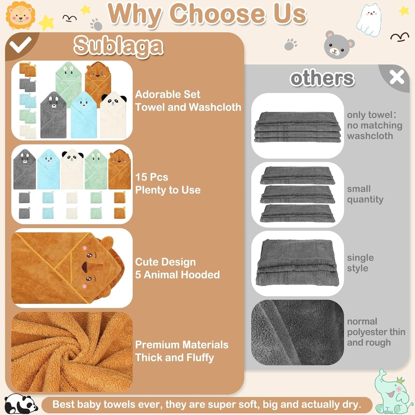 15 Pcs Baby Bath Towels- 5 x Hooded Baby Towels and 10 x Baby Washcloths Set, 32 x 32 Inch Hooded Toddler Towel Bath Blanket Absorbent Hooded for Toddler Infant Newborn Shower Gift for Boys & Girls