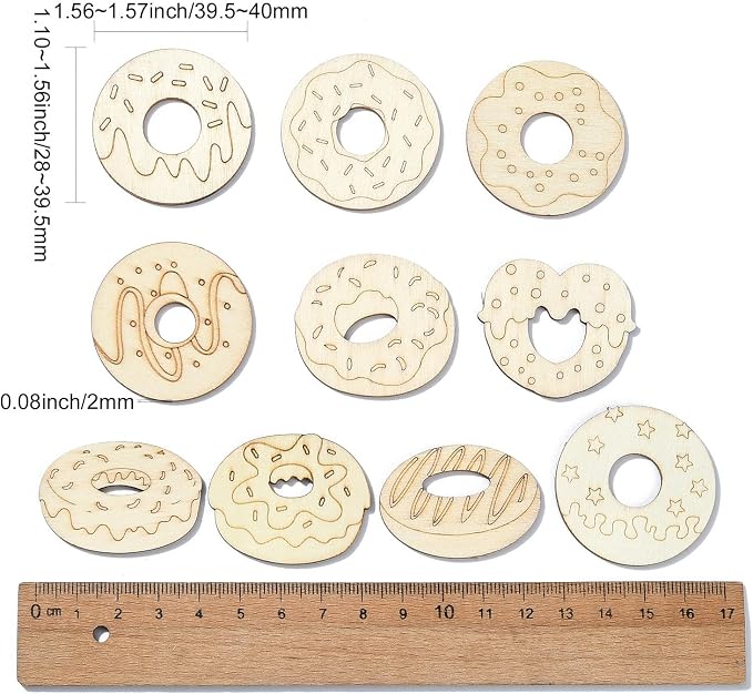 100 Pcs Unfinished Wood Cutouts Donut Wooden Shapes Dessert Wood Crafts