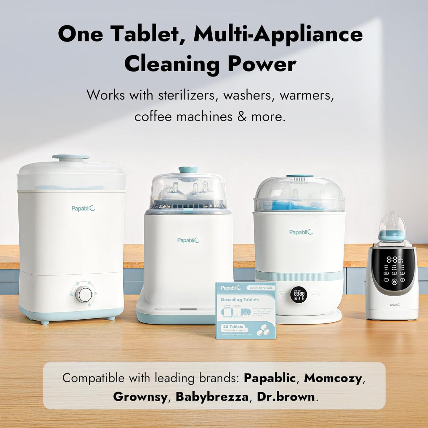 Papablic Descaling Tablets, 25 Count – Compatible with Baby Brezza, Momcozy, Papablic Bottle Washer, Warmer, Sterilizer & Formula Maker – Removes Milk & Limescale for Better Performance