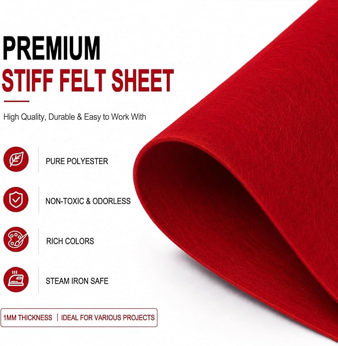 Red Large Felt Fabric 36" x 36", 1mm Stiff Felt Sheet, Nonwoven Fabric