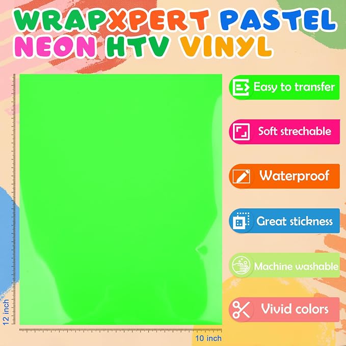 WRAPXPERT Neon HTV Heat Transfer Vinyl 8 Neon Vinyl Assorted Sheets 12x10In