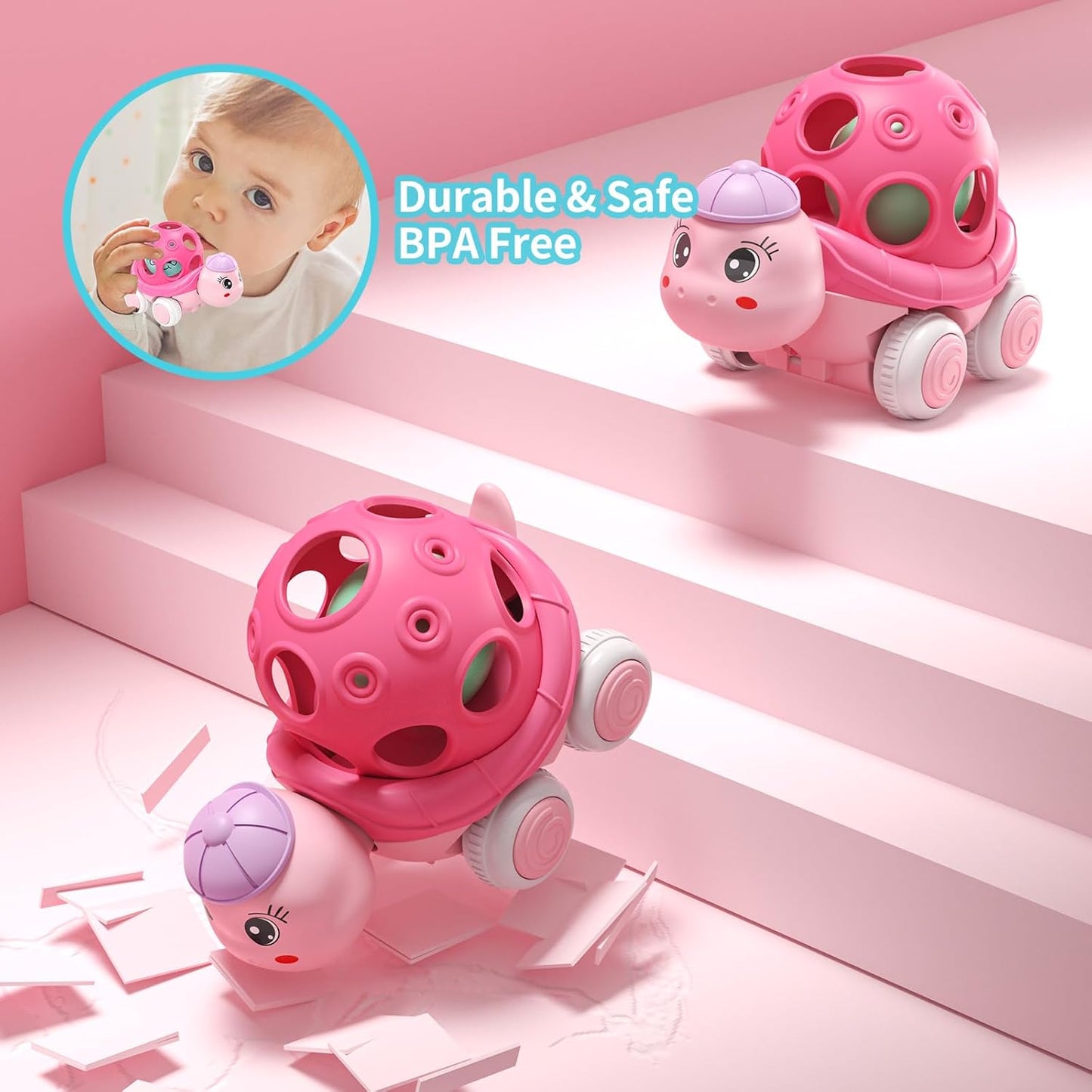 Baby Girl Toys Gifts for 1 2 Year Old Girls, Pink Cars for Babies 6-12 12-18 Months, Push and Go Trucks for Toddlers, Soft Rattle and Roll Toys for One & 1+ Infants First Birthday Gift