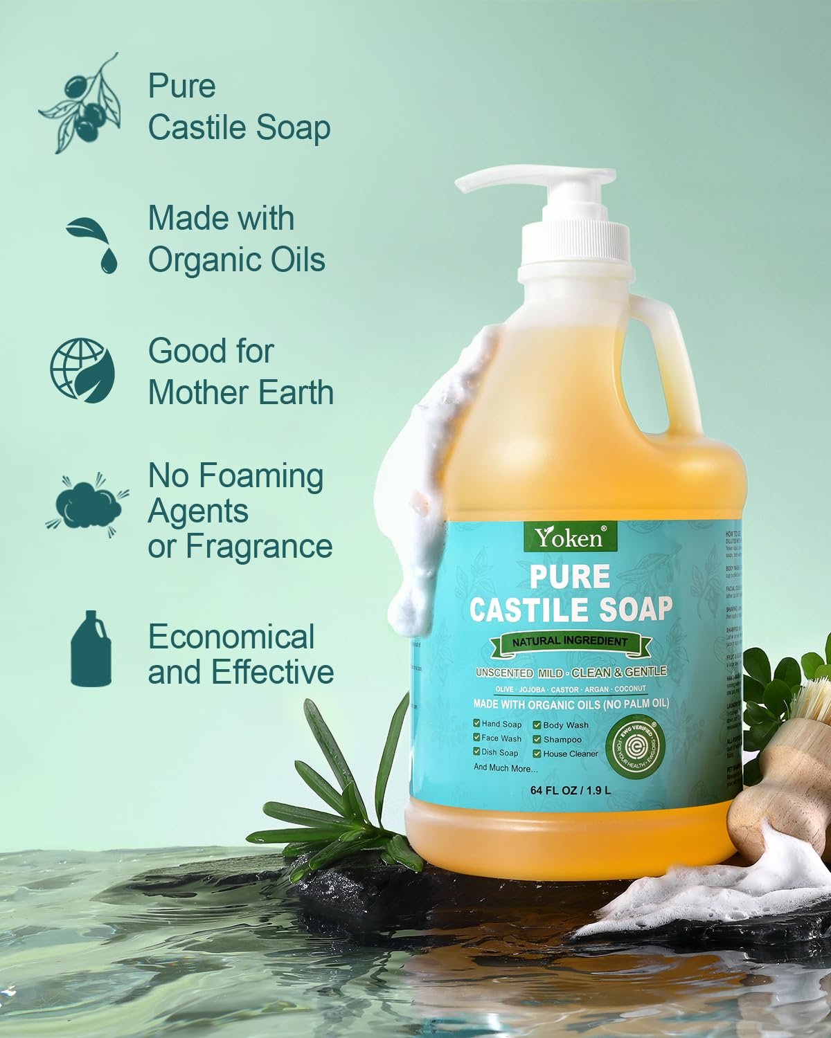 EWG Verified Organic Castile Soap Liquid (Unscented, 64 oz) Pure Castile Liquid Soap Made With Organic Oil, Clean & Gentle, Natural Castor Oil Soaps for Body & Face Wash, Hands, Dishes, Laundry