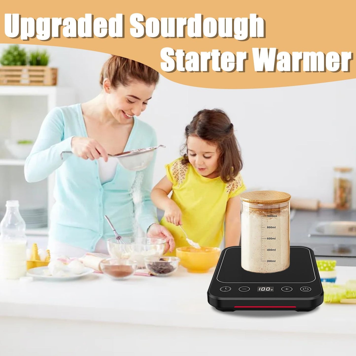 Sourdough Starter Warmer Mat, 12H Timer Warming Heating Pad, Precise 1°F Thermostat Control (70-100°F), Smart Memory Warming On/Off, Fits Jars Up to 40oz, Perfect for Home Baking (Full LCD Screen)