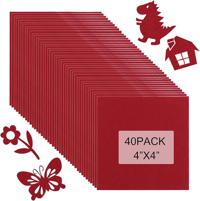 40 Pcs Stiff Felt Fabric Sheet for Crafts, 1mm Thick and 4”x 4”Red Felt Fabric