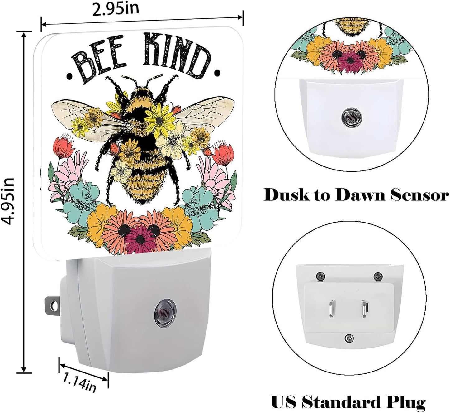 Bees and Flowers Night Light,Plug Into Wall for Boys Girls Bedroom Decorative Square Night Light Lamp 0.5w Sleep Friendly