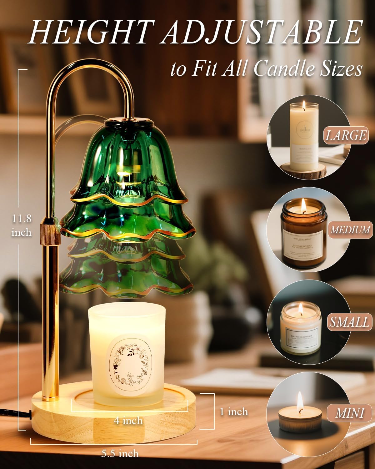 Green Candle Warmer Lamp with Timer Dimmable, Flower Candle Warming Light Height Adjustable, Wax Melt Warmer Candle Lamp for Jar Scented Candles, Birthday Christmas Housewarming Gifts for Women Mom