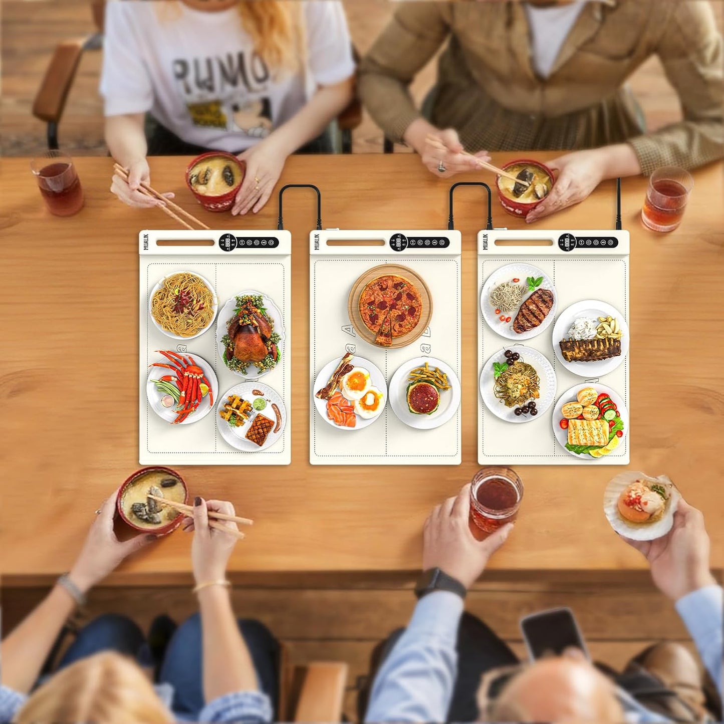 Warming Mat for Food, Roll-UP Fast Heating Silicone with 6 Level Temperature, 2 Zone and 3 Pad Parallel Expansion, Automatic On-Off Timer Setting
