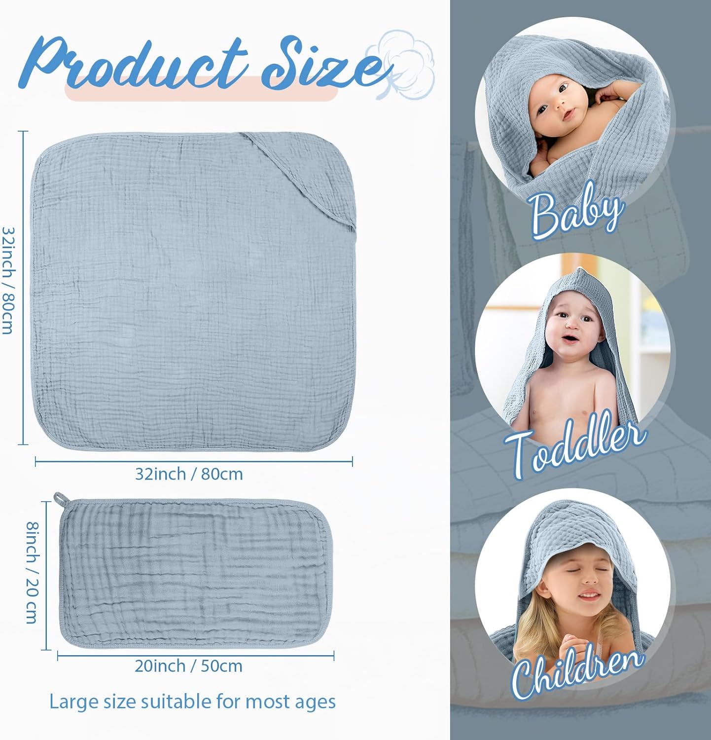 VitalCozy 8 Pcs Baby Muslin Hooded Bath Towels and Washcloths, 32 x 32 Inch Muslin Hooded Baby Towels Absorbent Blankets for Gift Newborn Infant Shower (Modern Style)