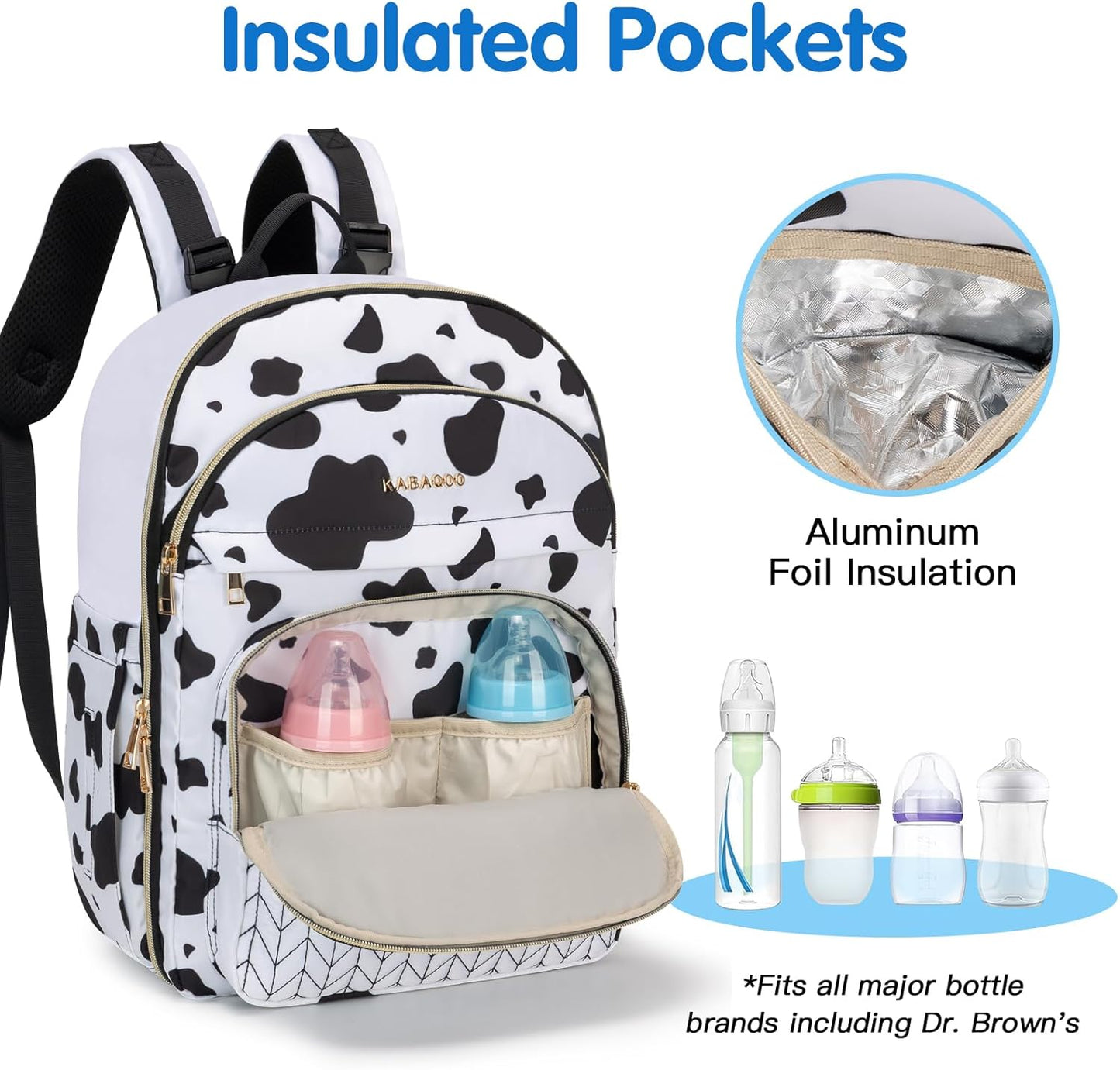 KABAQOO Baby Diaper Bag Backpack, Waterproof Diaper Backpack for Mom & Dad with Changing Pad, Insulated Pockets and Stroller Straps, Baby Shower Gifts for Girls & Boys, Cow