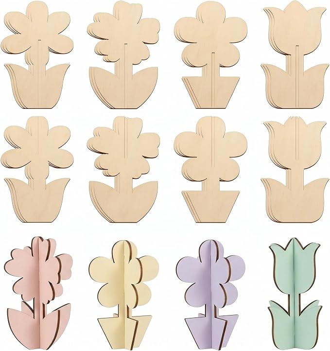 24-Piece 3D Craft Set Wooden Unfinished Wood Crafts Flowersspring Crafts