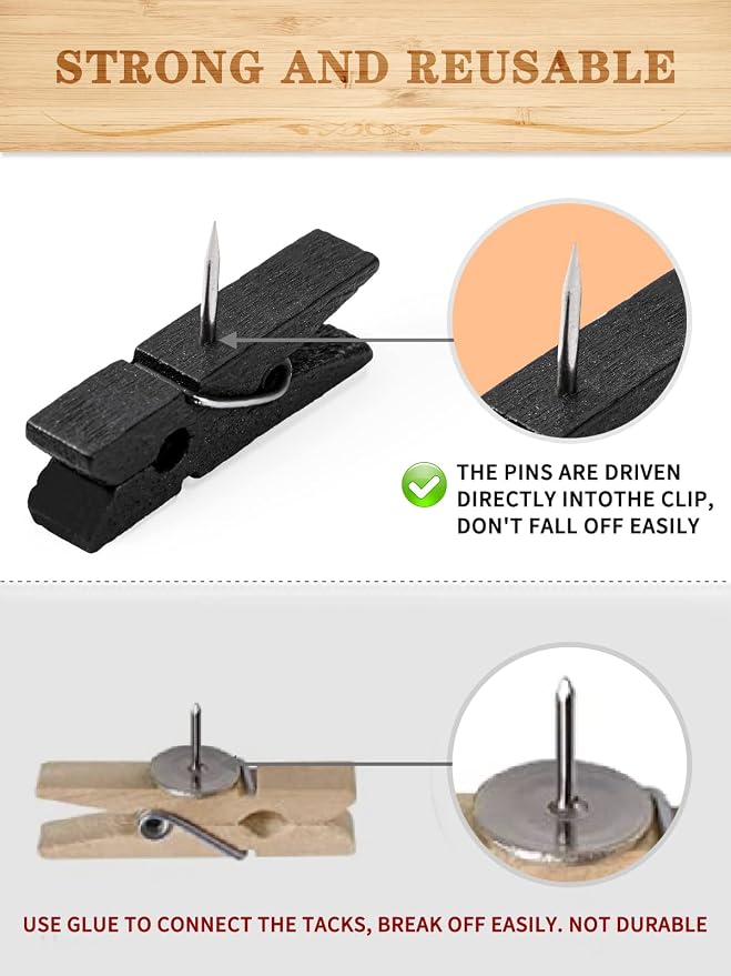 50pcs Black Wooden Push Pin Clips