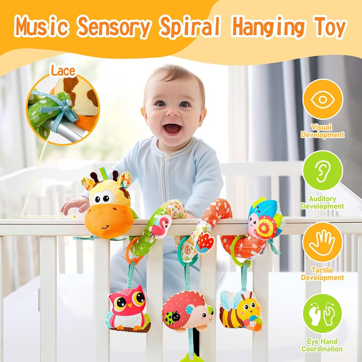 Jollybaby Crib Stroller Car Seat Toys for Baby 0-3-6-9-12 Months, Tummy Time Hanging Sensory Toys for Newborn with Music Box and Teether, Spiral Carseat Toy for Infant Boys Girls Gifts (Yellow)