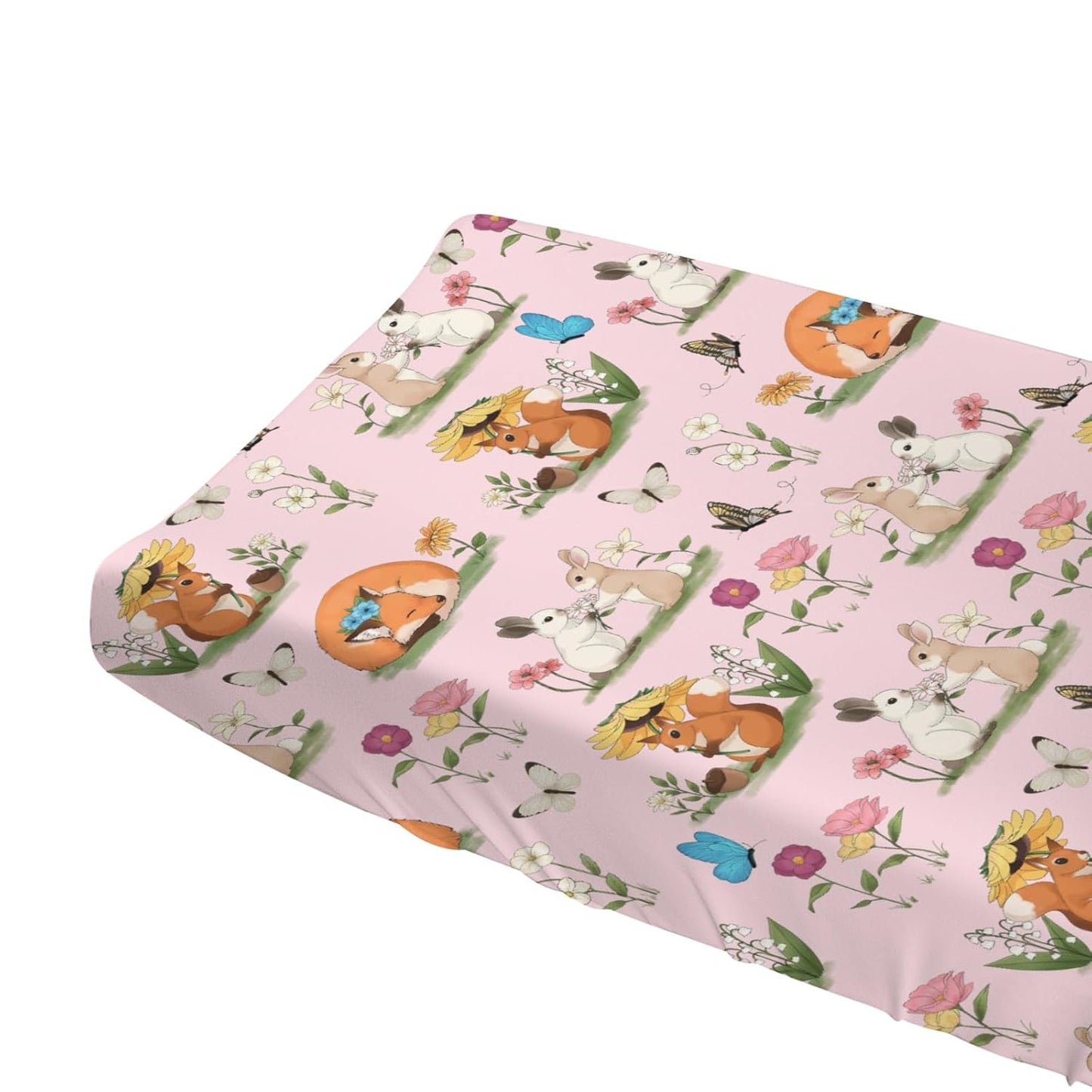 Cute Animals Spring Flowers Baby Changing Pad Covers Boy Girl 32''x16'' Bunny Fox Squirrel Butterflies Floral Fitted Diaper Change Table Mats Forest Soft Breathable Nursery Changing Table Sheets Pink
