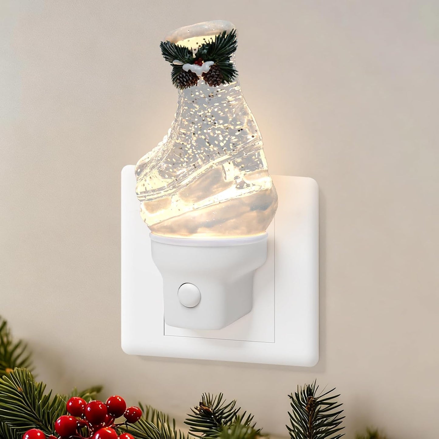 Christmas Night Light Plug into Wall Glitter Water Nightlight with USB/Outlet Options, Christmas Ski Boots Decorative Nightlight for Bedroom Kitchen Nursery Holiday Decorations Gifts (Ski Boots)